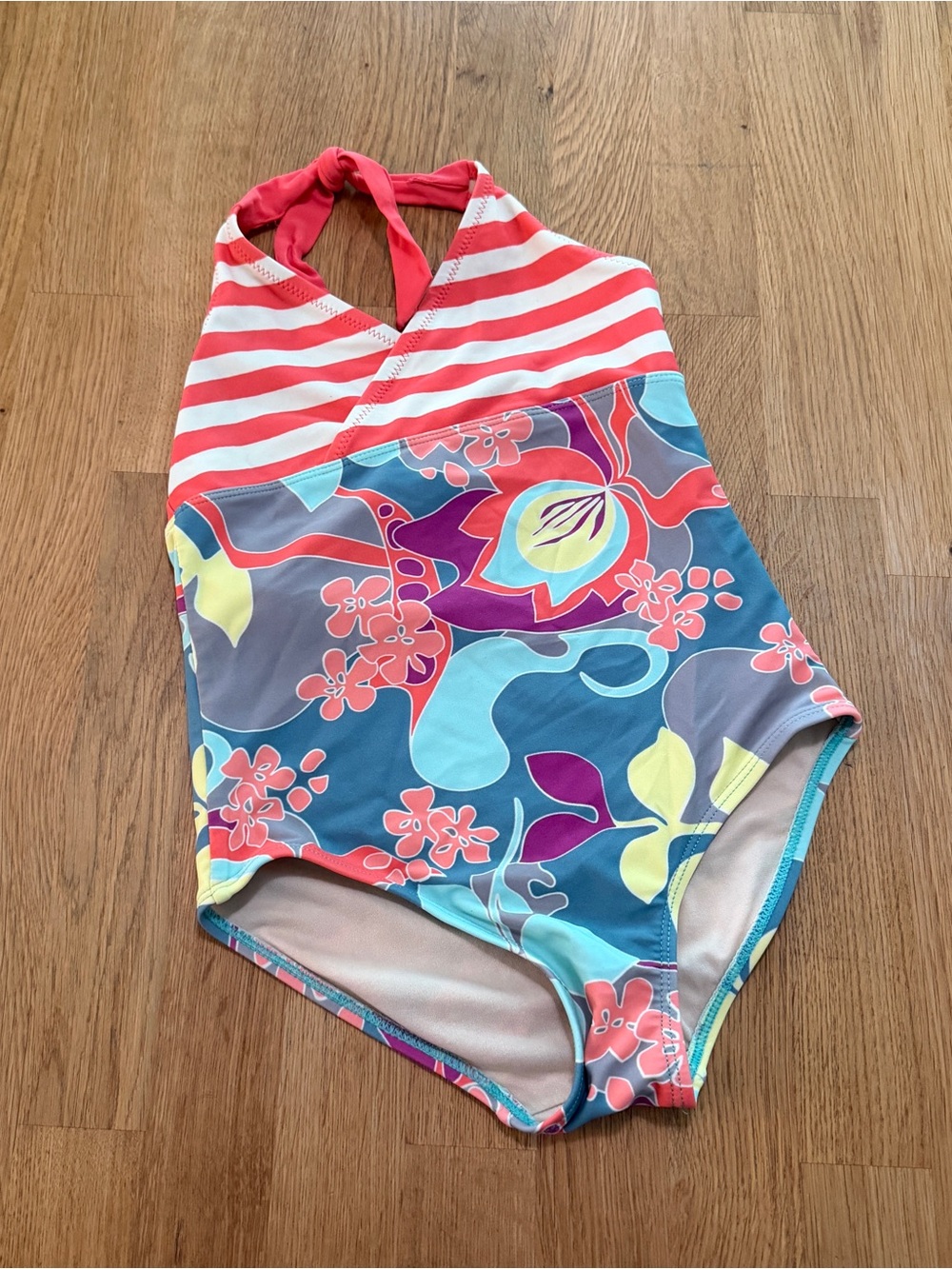 Tea Collection 7 Striped Floral Halter Neck One Piece Bathing Suit